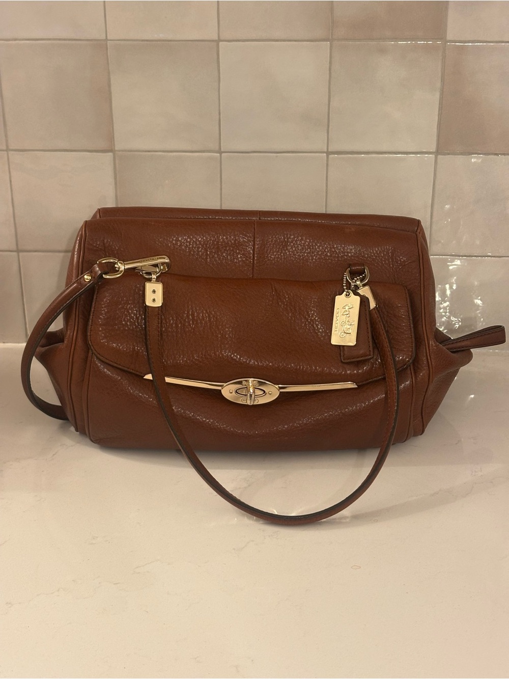 Coach Madison Madeline 25166 Cognac Leather Satchel Turn Lock Crossbody Bag